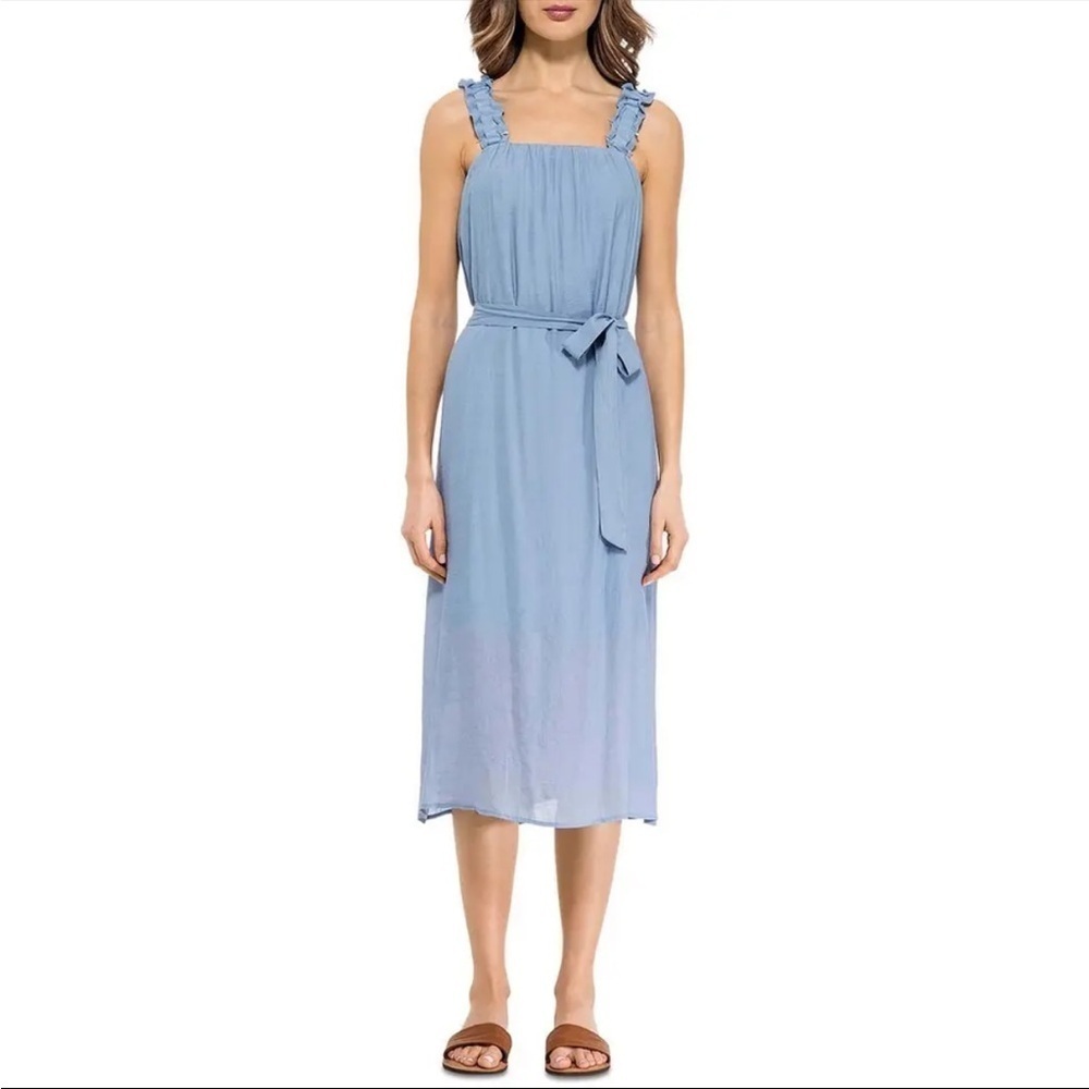 B COLLECTION BY BOBEAU Women’s Slate Blue Ruffle Sleeve Tie Waist Dress SZ Small